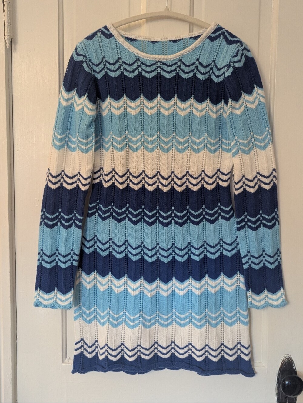 Blue Aqua White Chevron Knit Sweater Dress | Missoni-Inspired Look | Size S